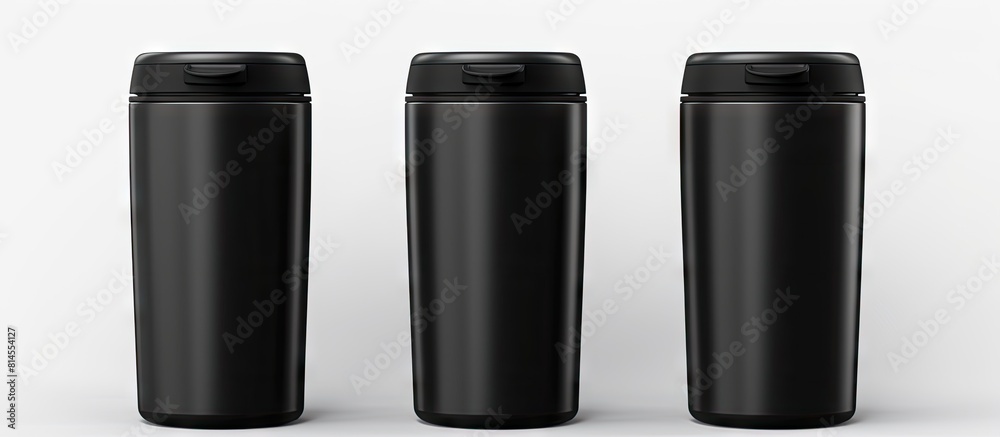 Poster a clean black thermos cup with a black lid providing copy space for text on its blank surface the cu