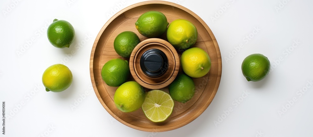 Poster A top down view of a wooden juicer and fresh limes on a white background providing ample copy space in the image