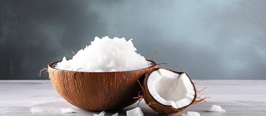 A bowl of coconut flakes is placed on a light background There is copy space available in the image