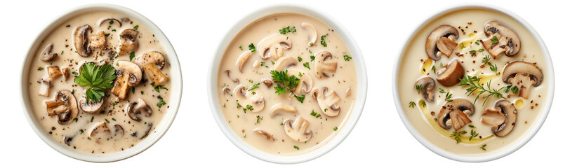 Spicy creamy mushroom soup with fresh dill in a bowl close-up, top view, isolated transparent PNG