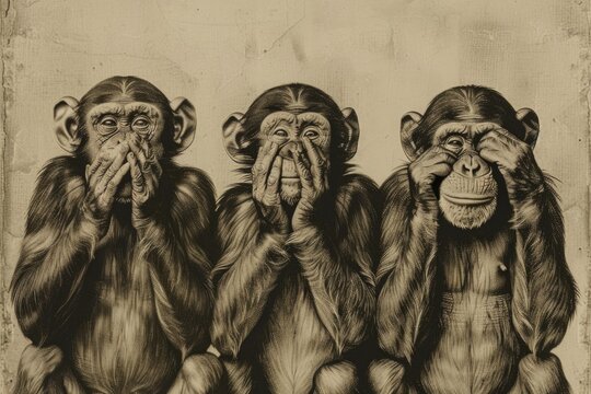 Three monkeys with their hands covering their mouths. Suitable for various concepts