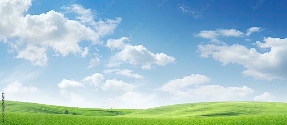 Poster a summer landscape with vast bright green fields stretching out beneath a sky adorned with thick clo