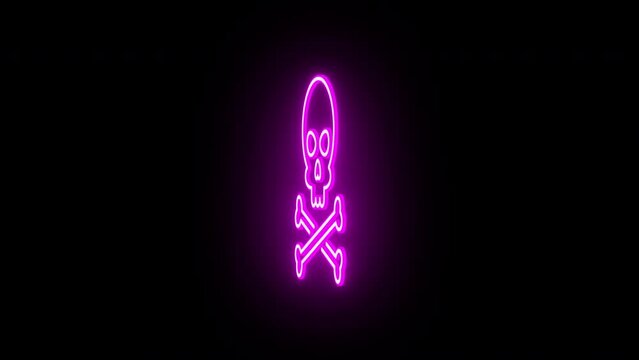 Neon jolly roger sign animation, rotation around vertical axis. Glowing neon 3D skull crossbones icon, looped spin. Pirate skull emoji, corsair cranium, danger, death warning, skeleton. Magenta, red