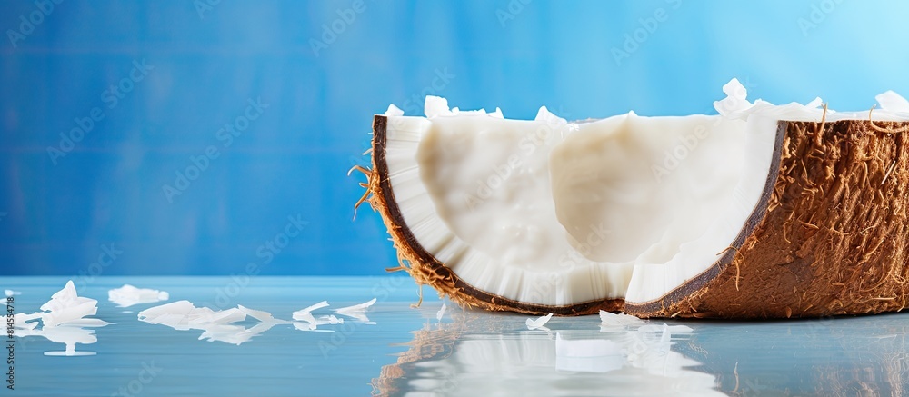 Wall mural Coconut slice isolated on abstract backdrop with copy space image