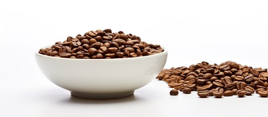 A white plate holds roasted coffee beans adorned with a wooden spoon against a white background Ample copy space is available
