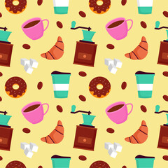 Coffee Time Seamless Pattern Design With Cacao Beans, Grains and Jug in Cartoon Flat Illustration