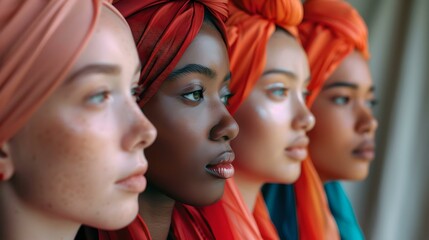 Four diverse women with colorful headscarves looking forward with serious expressions