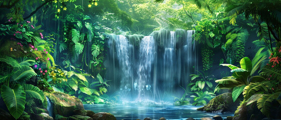 Lush green jungle with cascading waterfalls and a tranquil monk in a tropical paradise.
