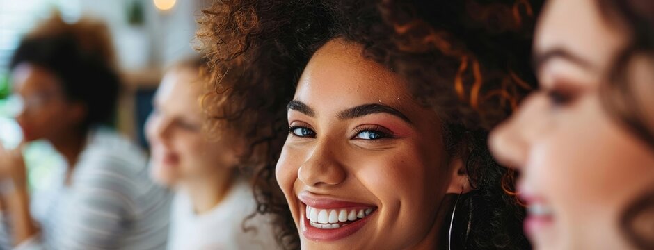 Group of friends at a beauty workshop, sharing tips and applying makeup, with a focus on community and learning. , negative space, sharp focus--s 750