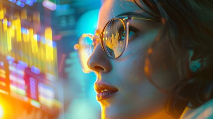 Contemplative woman with glasses illuminated by colorful neon lights at night