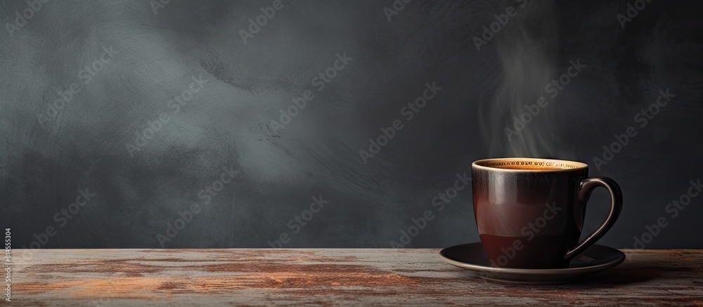 Poster A dark coffee cup rests on a grungy background providing just enough empty space for other elements in the image. with copy space image. Place for adding text or design