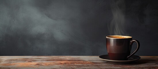 A dark coffee cup rests on a grungy background providing just enough empty space for other elements in the image. with copy space image. Place for adding text or design