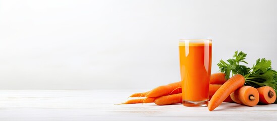 A copy space image featuring a refreshing glass of homemade carrot juice placed on a pristine white table perfect for adding text