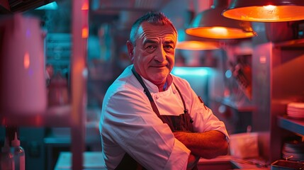 Experienced chef poses in a busy restaurant kitchen amid warm glowing lights