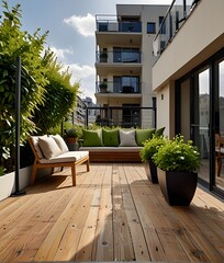 sunny terrace with wood teck flooring and plants