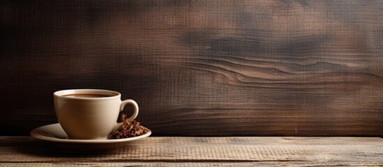 Toned copy space image of a cup of tea placed on a new wooden board with a burlap background