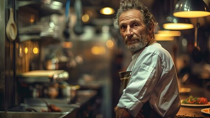Fototapeta premium Seasoned chef in restaurant kitchen: portrait of culinary expertise and experience