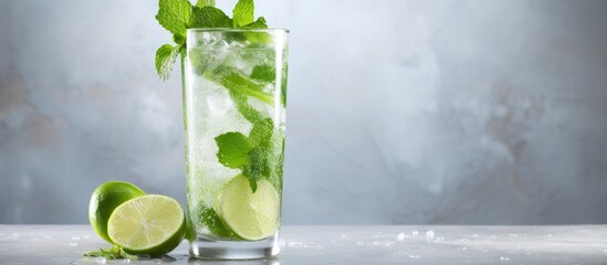 A refreshing mojito cocktail sits alone on a gray background leaving ample copy space for design or text elements