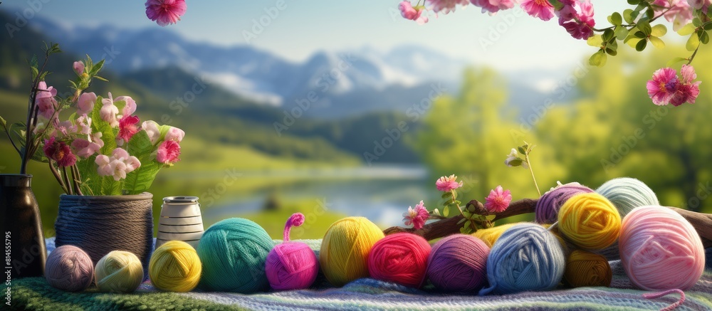 Poster Image of a springtime scene featuring knitting materials including needles and colorful balls of wool. with copy space image. Place for adding text or design