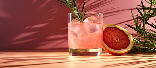 Tropical cocktail with grapefruit rosemary and ice served on a pink background with a shadow of palm leaves Refreshing and summer inspired drink. with copy space image