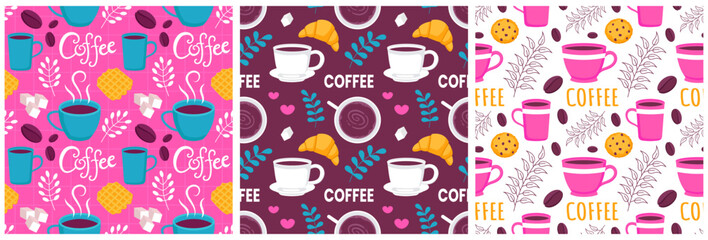 Fototapeta premium Coffee Time Seamless Pattern Design With Cacao Beans, Grains and Jug in Cartoon Flat Illustration
