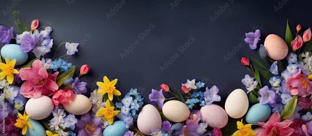Poster A top down view of an Easter themed background featuring colorful Easter eggs and vibrant spring flowers with ample space for additional imagery or text