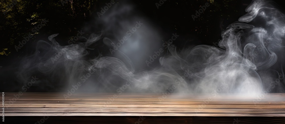 Aufkleber a dark background highlights an empty wooden table where smoke elegantly rises the perfect copy spac