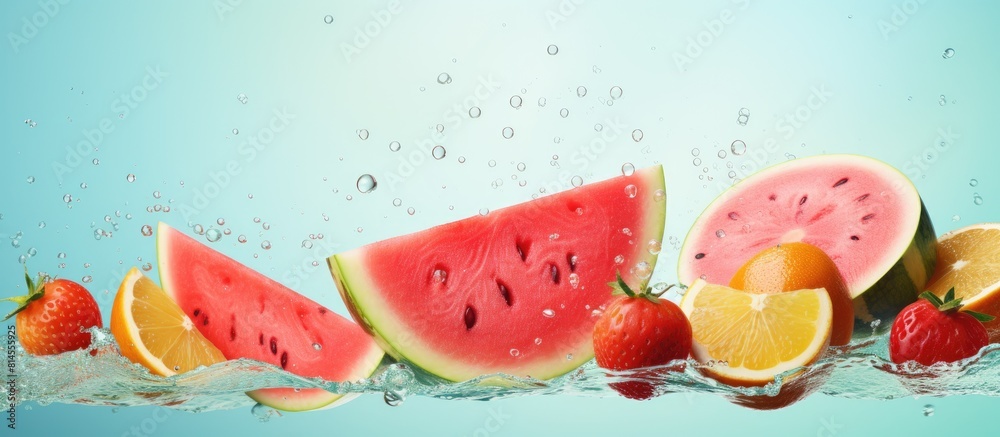 Poster a watermelon slice is seen falling onto a pastel background surrounded by floating fruits the red fr