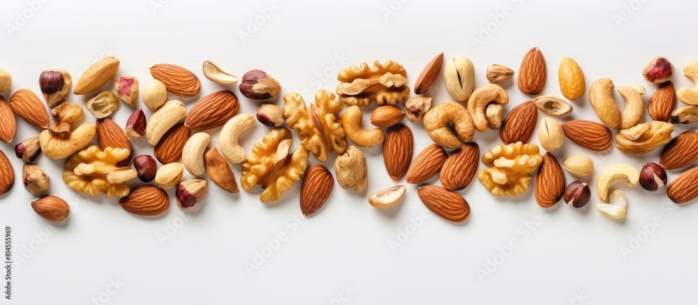 Poster A top down view of mixed nuts placed on a plain white background with ample copy space for additional content