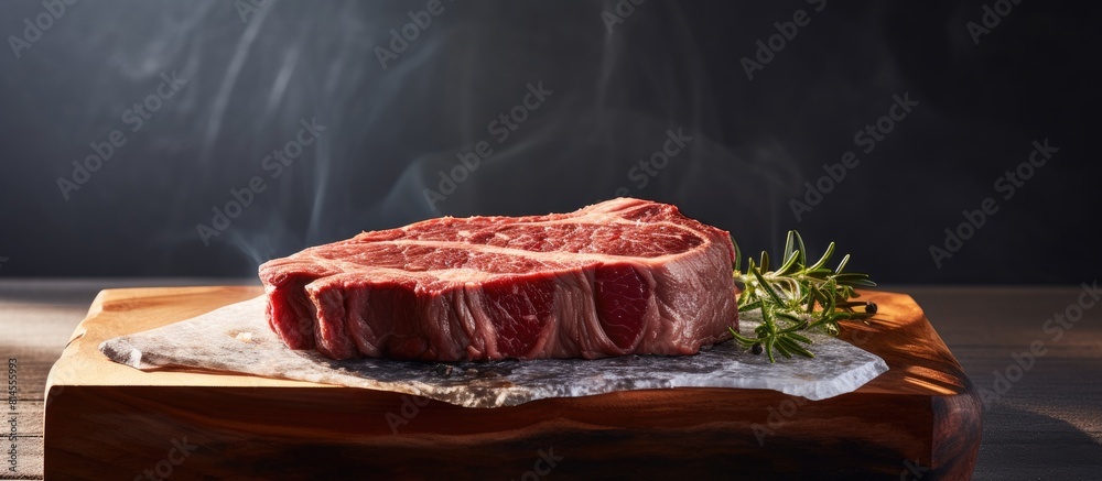 Poster A piece of raw ribeye steak is placed on a wooden board resting on a slate platform The board is situated against a wooden backdrop with sunlight illuminating the scene Copy space image