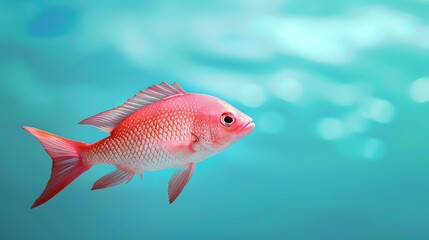 A beautiful red fish swims in the deep blue sea. The fish is surrounded by a vibrant coral reef and colorful tropical fish.