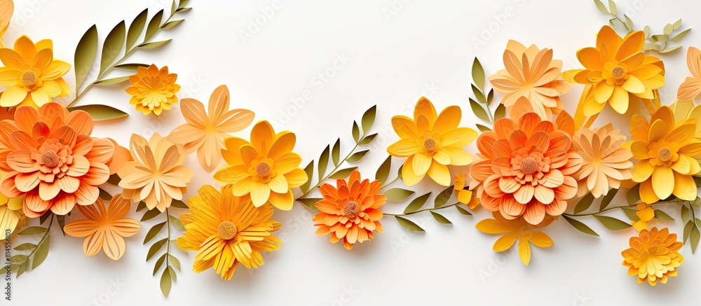 Poster Isolated on a white background a corner of the flat lay features a frame decoration made of yellow and orange paper craft flowers The frame is a mockup with copy space available for your text