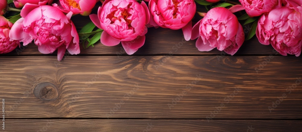 Aufkleber A picturesque copy space image with vibrant pink peony flowers beautifully arranged on a rustic wooden background creating the perfect Mother s Day vibe The flat lay gives a flawless top view of this