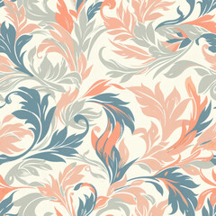 Floral pattern featuring swirling, intertwined organic forms in shades of coral, gray and blue. For design elements in print materials like posters, flyers, banners, wallpapers, or fabric prints