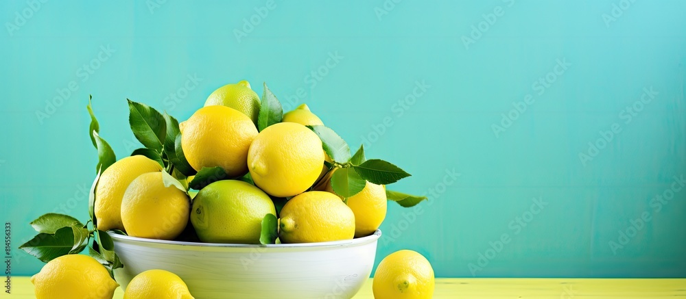 Poster a fresh arrangement of bright yellow lemons rests in a white basket atop a light green backdrop offe