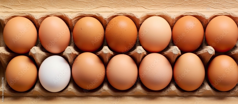 Poster A top down view of farm eggs arranged in a cardboard tray with ample copy space in the image