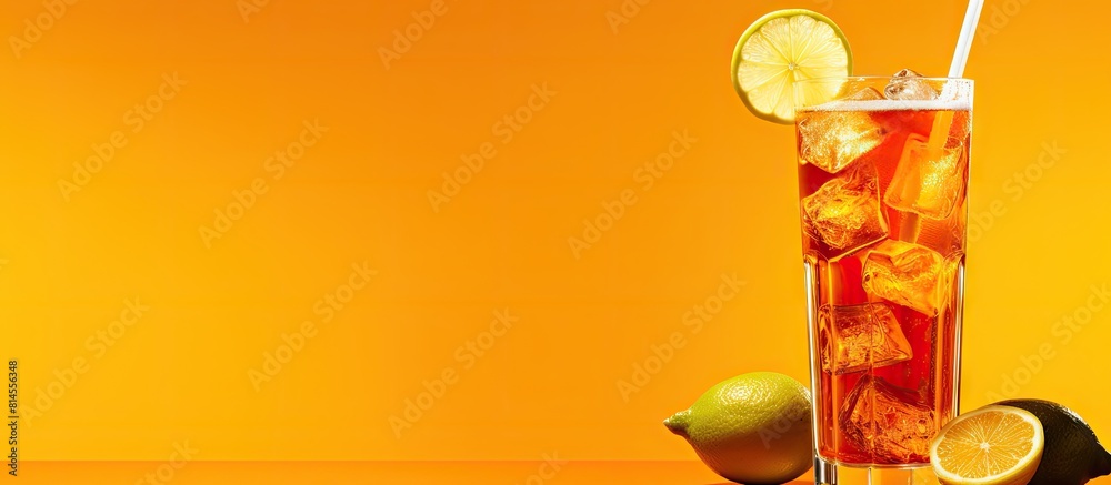 Poster A refreshing summer cocktail featuring an iced tea garnished with lime and served on a vibrant orange backdrop Ample copy space provided