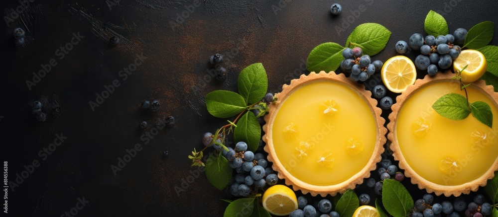 Poster top view of two beautifully decorated lemon curd tarts with plenty of copy space image