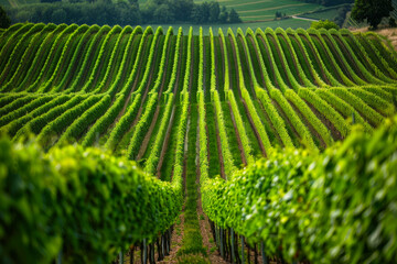 Fototapeta premium Rows of green grape vines grow in a vineyard field