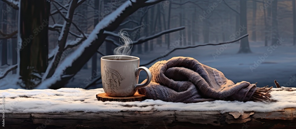 Poster Horizontal copy space image of an empty enamel mug on a tree stump adorned with a warm scarf perfectly set for a comforting hot chocolate with marshmallow