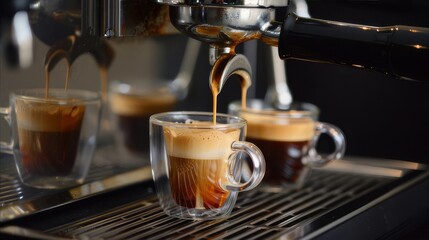Two cups of liquid coffee are poured into a home appliance