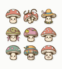 Delightful Kawaii Mushroom Printable Stickers Vector illustration set