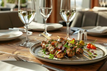 chicken kebab plate on a modern dining table