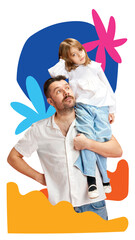 Poster. Contemporary art collage. Father and daughter share whimsical moment perched on shoulder against backdrop of vibrant, abstract shapes Concept of Father's Day, parenthood, family celebration