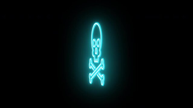 Neon jolly roger sign animation, rotation around vertical axis. Glowing neon 3D skull crossbones icon, looped spin. Pirate skull emoji, corsair cranium, danger, death warning, skeleton. Azure, violet