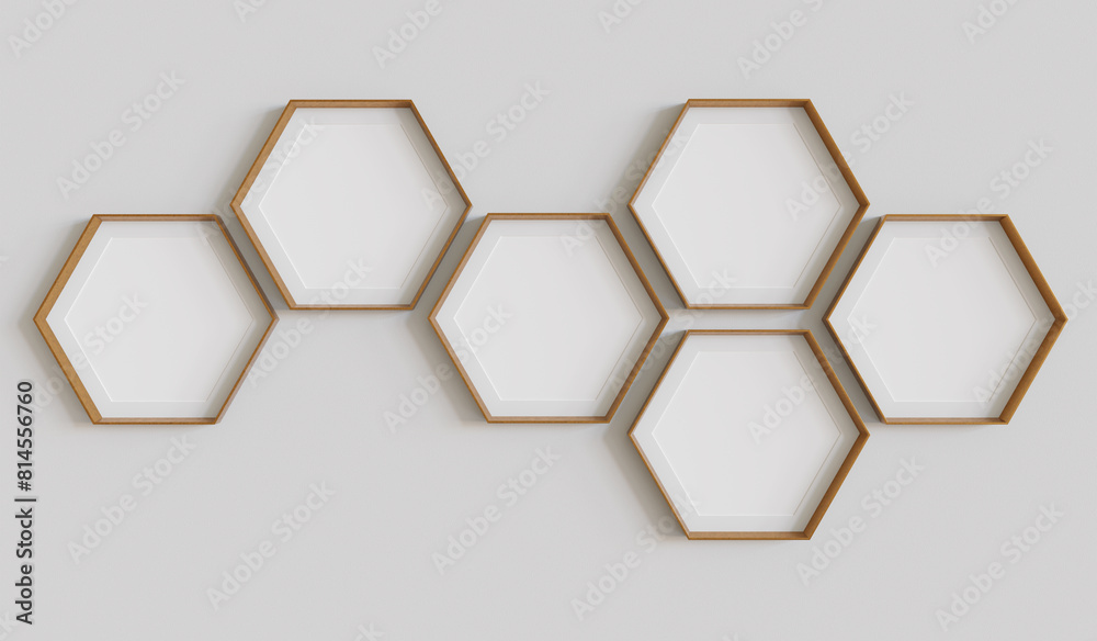 Poster copper hexagon blank photo frames mockup hanging on interior wall. hexagonal pictures on painted sur