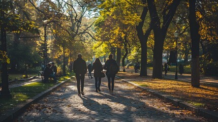 Obraz premium autumn trees in the park. People walking in the park