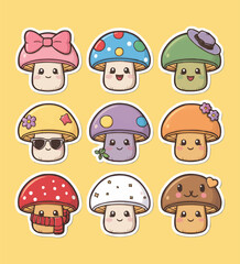 Delightful Kawaii Mushroom Printable Stickers Vector illustration set