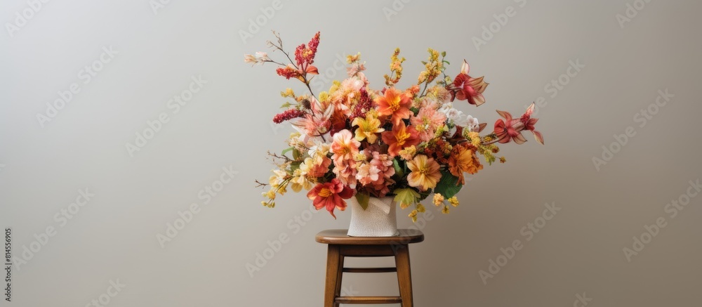 Poster a stunning bouquet of flowers placed on a white stool creating a visually pleasing copy space image