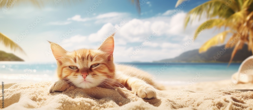 Aufkleber A cat peacefully lounges on the sandy beach creating a serene backdrop for the summer vacation and travel theme with ample copy space